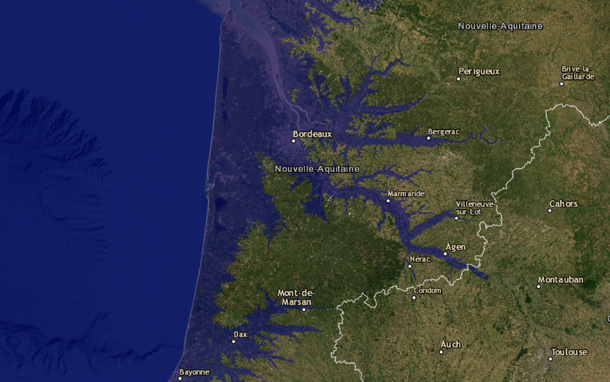 Carte de la Nouvelle Aquitaine si tous les glaciers fondaient Carte de la Nouvelle Aquitaine si tous les glaciers fondaient