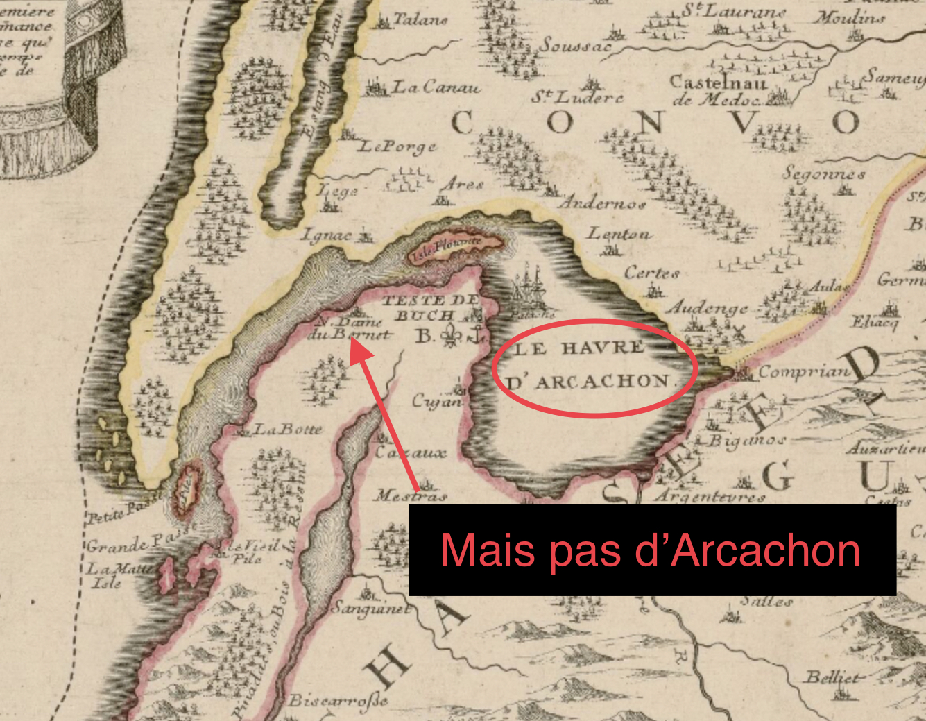 Carte du XVIIème siècle le bassin d’Arcachon avant Arcachon
