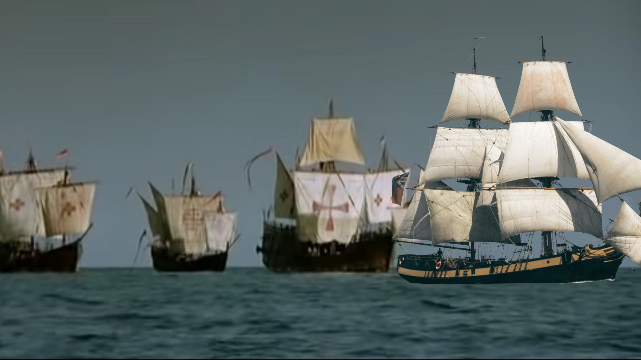 Le bateau utilisé dans le film 1492 comme la Santa Maria est à quai au salon nautique d’Arcachon. Ici, photo extrait du film avec le Phœnix devant