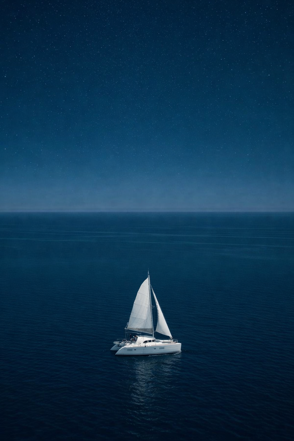 Catamaran naviguant au large du Bassin d’Arcachon, après les passes, face à l’océan Atlantique sous un ciel étoilé.