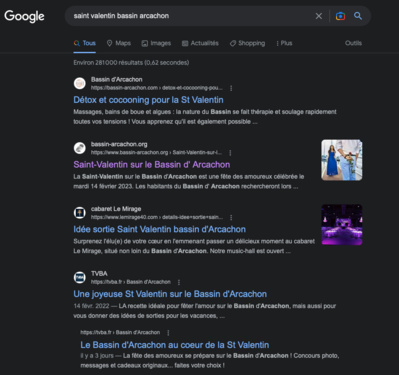 Imprim écran d'une recherche google sur la saint valentin sur le bassin d'arcachon