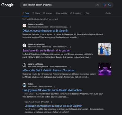 Imprim écran d'une recherche google sur la saint valentin sur le bassin d'arcachon Imprim écran d'une recherche google sur la saint valentin sur le bassin d'arcachon